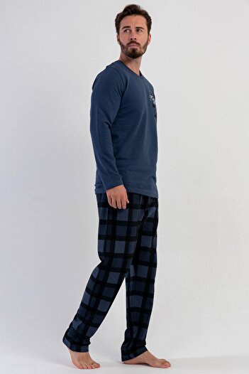 VİENETTA Men's Blue Long Sleeve Crew Neck Checkered Bottom 2 Thread Pajama Set C1T8N1305