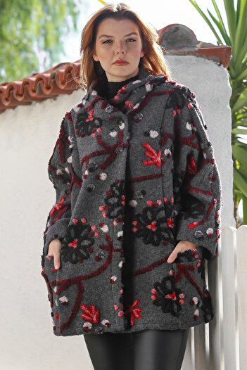 Chiccy Italian Anthracite Shawl Collar Long Sleeve Floral Pocket Casual Felt Fabric O Oversized Woven Coat 70 80