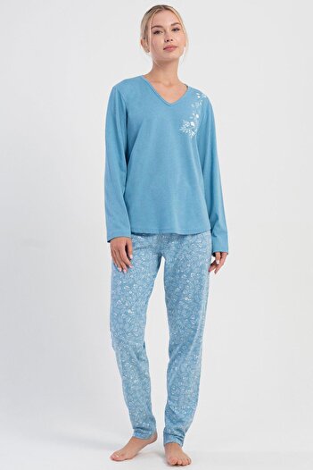 VİENETTA Women's Plus Size Blue Long Sleeve V-Neck Pajama Set C8T6N1305