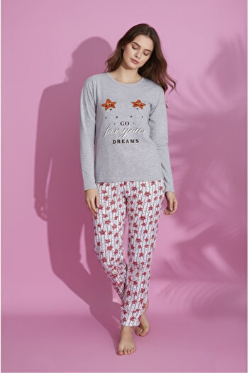 embody Women's Cotton Wadded Pajama Set with Blouse and Long Trousers grey 15409