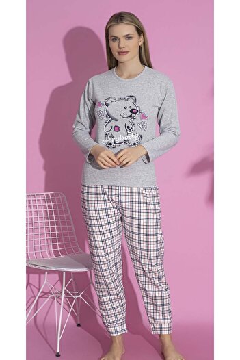 embody Women's Cotton Wadded Pajama Set with Blouse and Long Trousers grey 15418