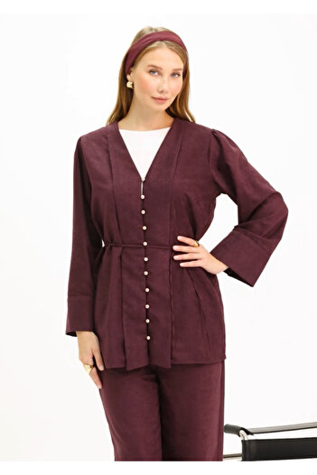 PERA MODA Comfortable Fit Gold Buttoned Suede Stylish Suit with Lacing Detail
