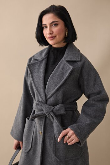 InStyle Double Buttoned Pocketed Belted Anthracite Cashmere Coat