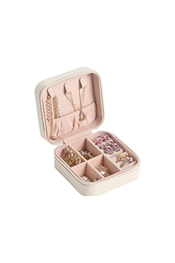zola Jewelry organizer, square, with zipper, removable compartments, 10x10x5 cm, cream