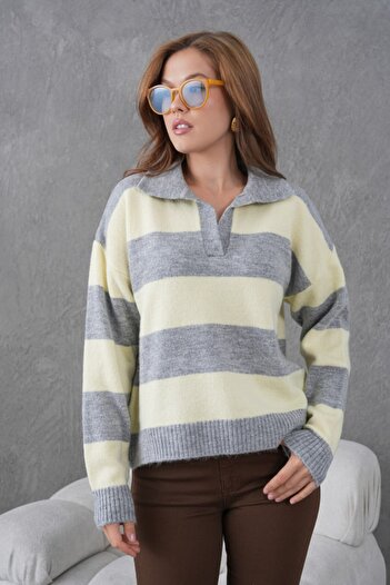 Miss Allos Women's Shirt Collar Striped Knitwear Sweater