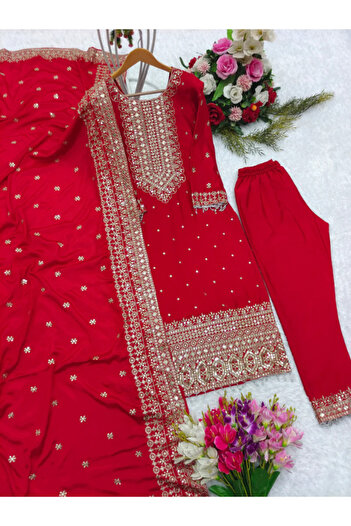 MYSMAR Red Chinon Silk Salwaar Kameez Dupatta - HRT2285 | Red