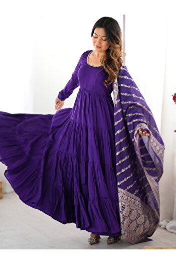 MYSMAR Purple Roman Silk Gown Bottom & Dupatta - HRT2779 | Purple