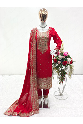 MYSMAR Red Chinon Silk Salwaar Kameez Dupatta - HRT2285 | Red