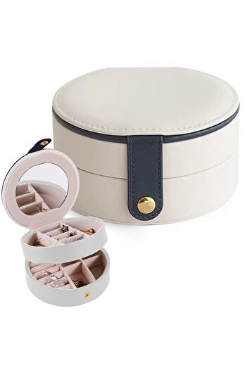 zola Jewelry organizer, round, removable compartments, with mirror, diameter 11 cm, white