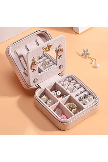 zola Jewelry organizer, square, with zipper, removable compartments, mirror, 10x10x5 cm, white