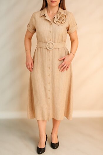 OEM Beige Midi Dress with Full-Length Buttons, Size S-M-L (INTL) -