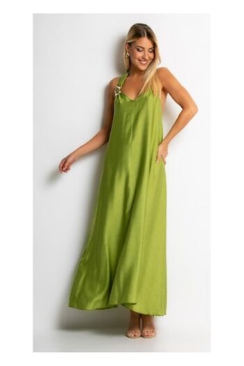 OEM Long Viscose Dress Lime Green with Decorative Shoulder Detail, Size S-M-L