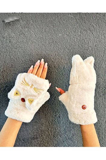 EMKSHOP Plush Cat Embroidered Gloves with Open Fingers and Fur Inside