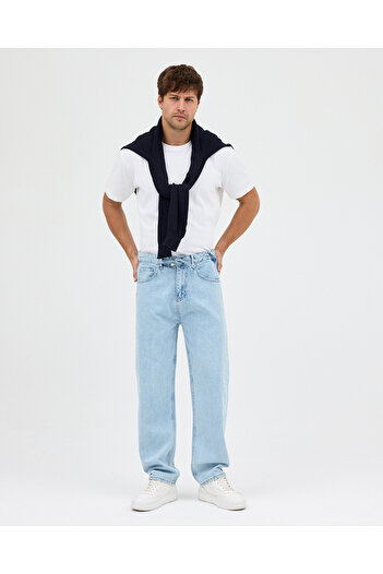 THE RULE Men's Light Blue Baggy Elastic Waist Stretch Fabric Straight Leg Loose Fit Stretchy Jean Denim Jeans Pants Rf0482