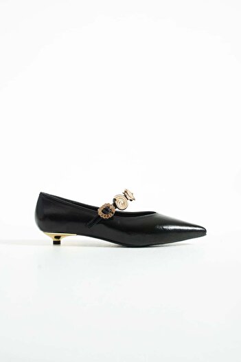 diclepolat Women's Thin Strap Accessory Detailed Casual Low Heel Ballerina Shoes Vikas Black