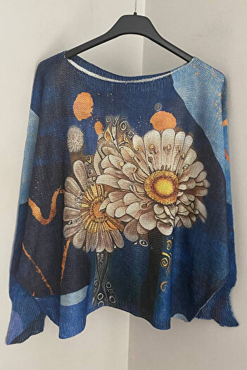 AYASOFYA OTANTIK Women's Italian Navy Blue Glitter Daisy Patterned Bat Sleeve Mercerized Blouse Sweater
