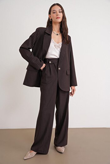 Mixray 4753 Women's Striped Oversized Blazer Jacket Brown