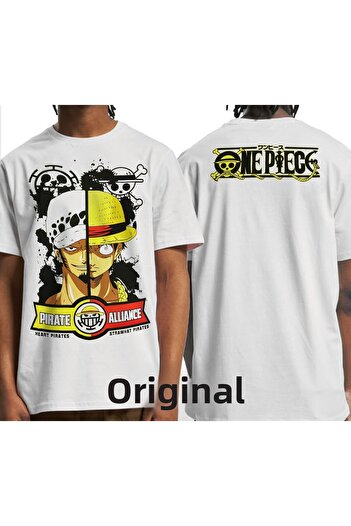 Orijin Tekstil One Piece Pirate Alliance Heart Pirates Strawhat Pirates Front Back Printed Unisex White T-shirt