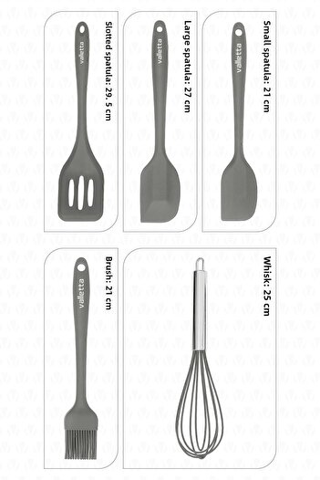 valletta Hidalgo Heat Resistant Fireproof Non-Stick 5 Piece Silicone Cooking Serving Set Gray