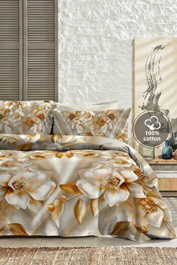 MonoHome 100% Cotton Ranforce Dowry Luxury 5D Digital King Size Double Duvet Cover Set Gold