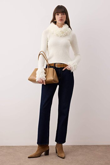 Trendyol Collection Ecru Collar and Sleeve Tassel Detailed Knitwear Sweater Twoaw26Kz00261