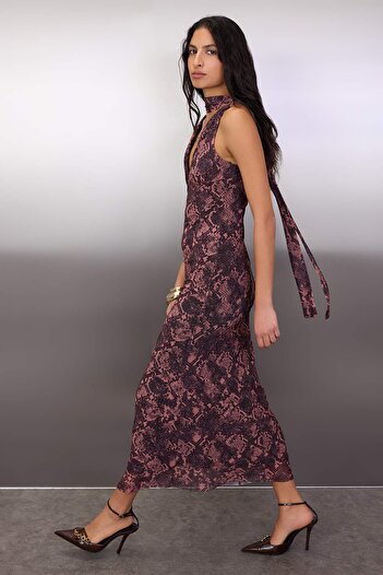 Trendyol Collection Multi-Colored Animal Scarf Knitted Tulle Maxi Lined Stylish/Evening Dress Tpraw26El00116