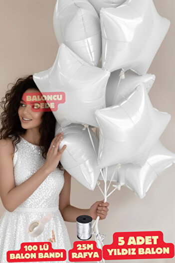 Baloncu Dede White Star Foil Balloon 5 Pieces Helium Compatible Balloon Lover and Special Day Balloon