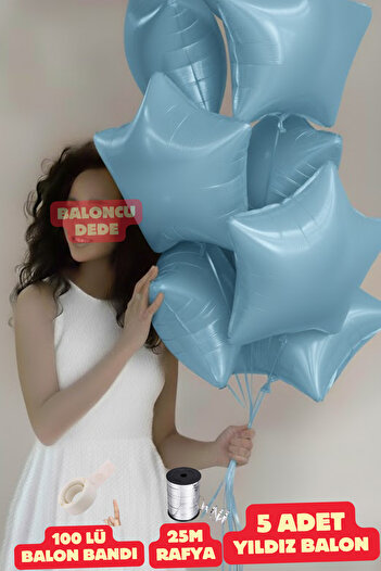 Baloncu Dede Light Blue Star Foil Balloon 5 Pieces Helium Compatible Balloon Lover and Special Day Balloon