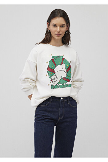 Mavi Yılbaşı Kedi Baskılı Beyaz Sweatshirt 1S10332-70057