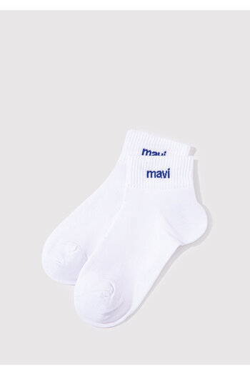 Mavi Logo Detaylı Beyaz Soket Çorap 1910331-620