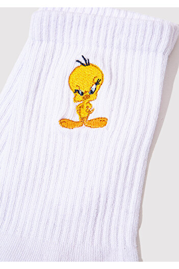Mavi Tweety Nakışlı Beyaz Soket Çorap 1910859-620