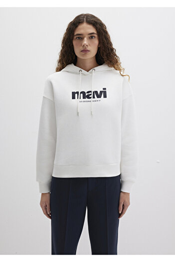 Mavi Logo Baskılı Kapüşonlu Ekru Sweatshirt 168334-81964