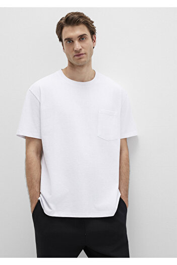 Mavi Cep Detaylı Beyaz Basic Tişört Loose Fit / Bol Rahat Kesim 066248-620
