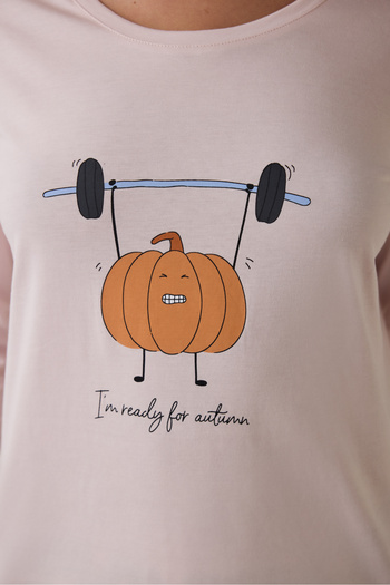 Penti Balkabağı Desenli Bisiklet Yaka Pamuklu Uzun Kollu Pijama Takımı
