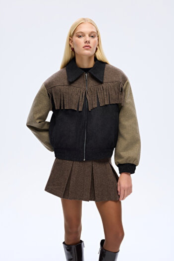 Quzu Tasseled Match Detail Jacket Black