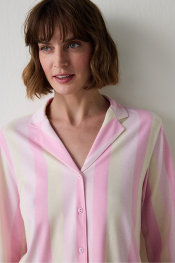 Penti Açık Pembe Çizgili Gömlek Yaka Pamuklu Pijama Takımı