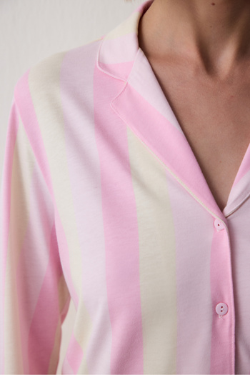 Penti Açık Pembe Çizgili Gömlek Yaka Pamuklu Pijama Takımı