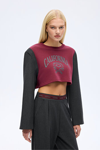 Quzu Blazer Garnili Vatkalı Crop Sweatshirt Roșu Claret
