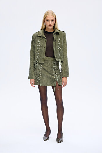 Quzu Lace-Up Velvet Corduroy Mini Skirt Khaki