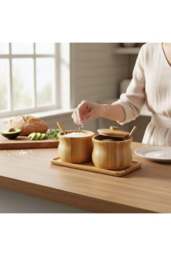 ANJEAHOME Dorra Set of 2 Bamboo Spice Jars - 400 ml - with Bamboo Stand |   Includes Spoon and Lid, Kitchen and Tableware