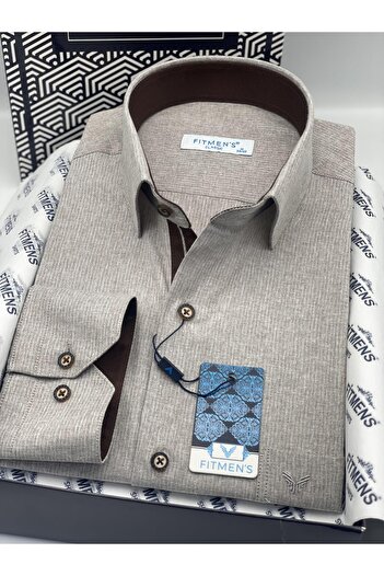 Fitmens Klasik Uzun Kol Keten Cotton Hediye Kutulu Erkek Gömlek FS-001261 - Bej
