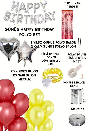Baloncu Nene Gümüş Happy Birthday Folyo Balon Seti Sarı Kırmızı Doğum Günü Parti Süsleri