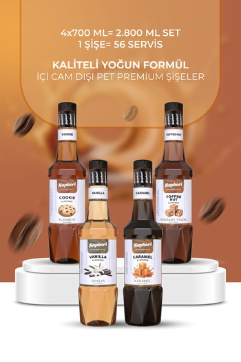 Saphori 4 Lü Kahve Şurubu Seti Karamel, Vanilya, Cookie, Toffee Nut Kokteyl Şurubu 4X 700 ML