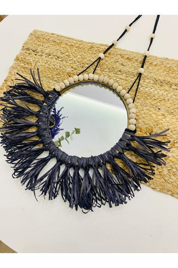 kattuna Bohemian Mirror Black Raffia Beaded Set of 2