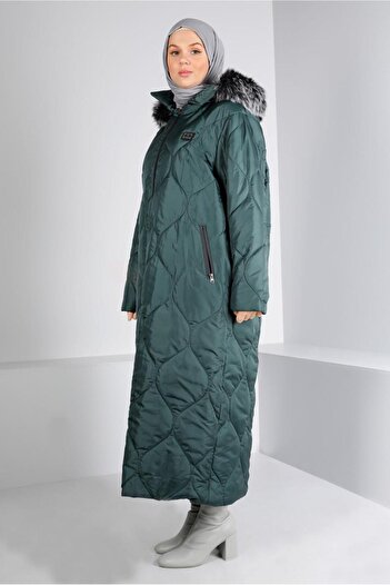 Alvina Furry Hooded Large Size Inflatable Coat - 90333