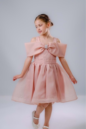 Mnk Baby&Kids Kız Çocuk Taş Fiyonklu İsalon Elbise M00763 PUDRA