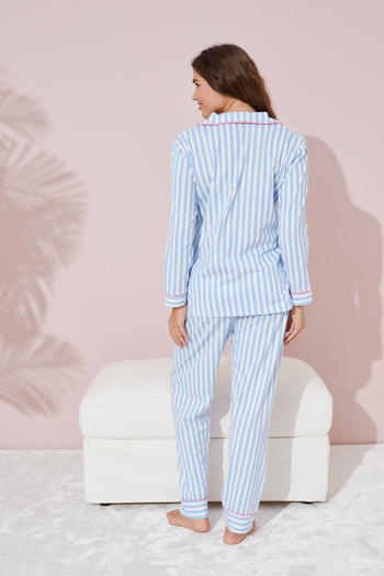 Siyah İnci mavi beyaz çizgili Düğmeli Biyeli Örme Pijama Takım