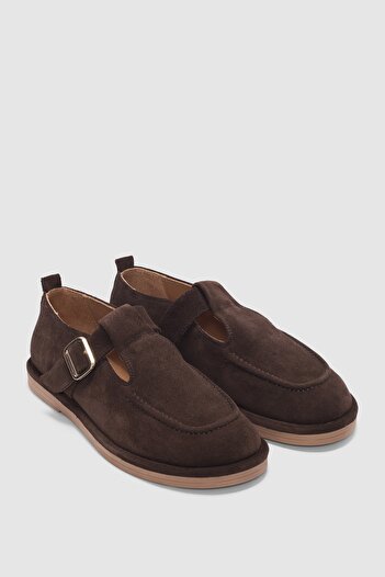 selinshoes Cassiel Hakiki Deri Gold Ayarlanabilir Toka Detaylı Kadın Loafer- Kahve Süet