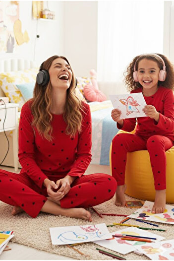 Siyah İnci Kırmızı Pamuklu Pijama Takımı