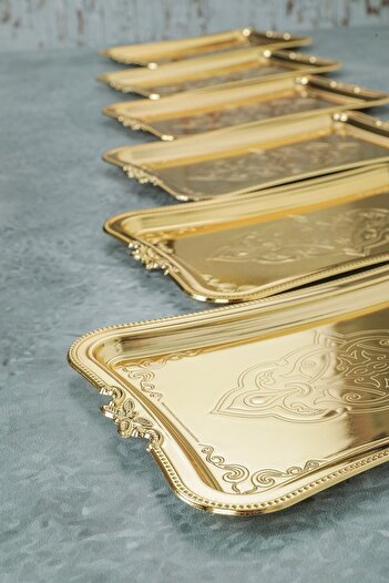 Glamour Home Sadece 6 Tepsi Seti 6 Adet Tek Kişilik Kahve Sunumluk Metal Damat Söz Tepsisi Gold 6 Tepsi